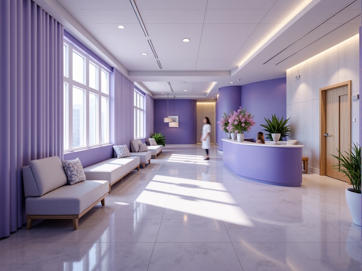 Prompt: \Soothing blue violet clinic interior, calming atmosphere, gentle curves, natural stone walls, warm wood accents, soft violet hues, creamy whites, pale blues, comforting lighting, minimalist decor, simple furniture, elegant waiting areas, peaceful ambiance, serene color scheme, subtle texture contrasts, shallow depth of field, 1/1 composition, realistic renderings, ambient occlusion.\Please let me know if this meets your requirements!