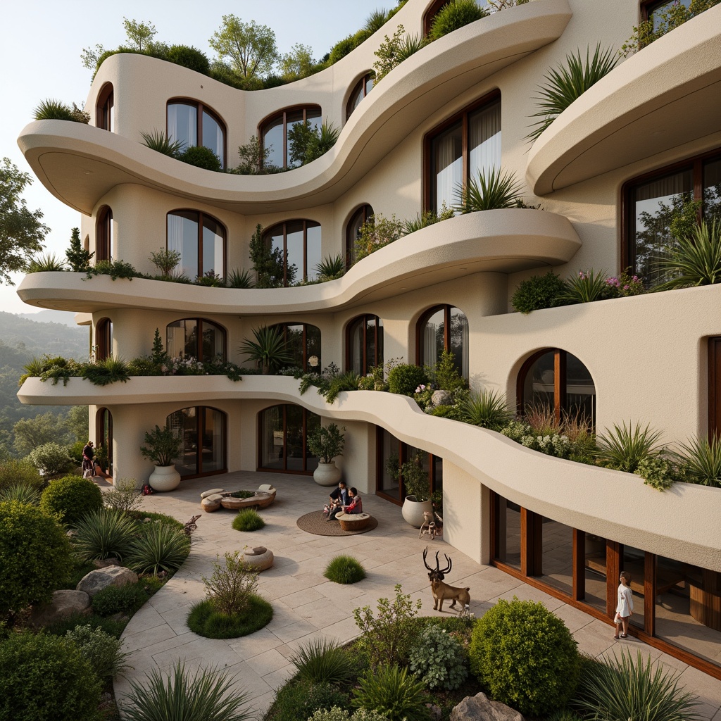 Prompt: Curved blob-like apartments, organic shapes, fluid lines, soft rounded edges, earthy tones, natural materials, reclaimed wood accents, living green walls, lush indoor gardens, cozy nooks, circular windows, undulating balconies, smooth stucco exterior, warm beige colors, soft diffused lighting, 1/1 composition, intimate atmosphere, realistic textures, subtle ambient occlusion.