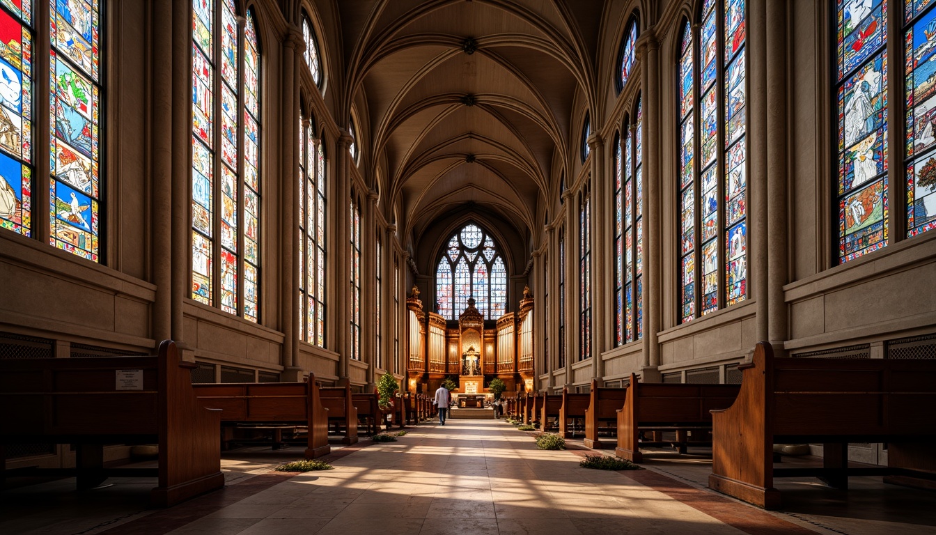 Prompt: Stunning stained glass windows, intricate stone carvings, grand cathedral architecture, vibrant religious symbols, ornate wooden doors, polished marble floors, elegant aisle layouts, majestic pipe organs, sacred altar settings, warm soft lighting, shallow depth of field, 1/2 composition, symmetrical framing, realistic textures, ambient occlusion.