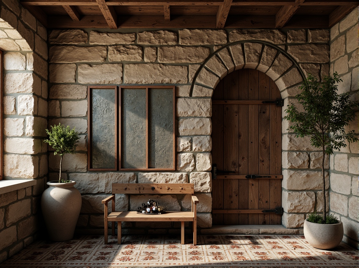 Prompt: Rough stone walls, weathered wooden planks, distressed metal panels, ornate ceramic tiles, intricate mosaic patterns, natural earthy tones, warm ambient lighting, shallow depth of field, 3/4 composition, realistic textures, ambient occlusion, rustic industrial atmosphere, vintage decorative elements, reclaimed wood accents, earthy organic shapes, tactile materiality.