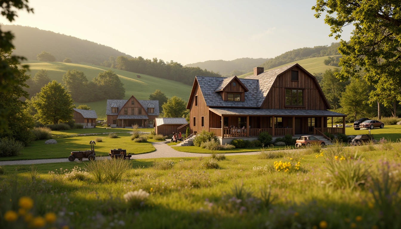 Prompt: Rustic rural landscape, rolling hills, lush green pastures, traditional farmhouse, wooden accents, earthy tones, natural stone foundations, pitched roofs, cozy porches, vintage farm equipment, wildflower meadows, serene countryside atmosphere, warm golden lighting, shallow depth of field, 1/1 composition, intimate focal length, realistic textures, ambient occlusion.