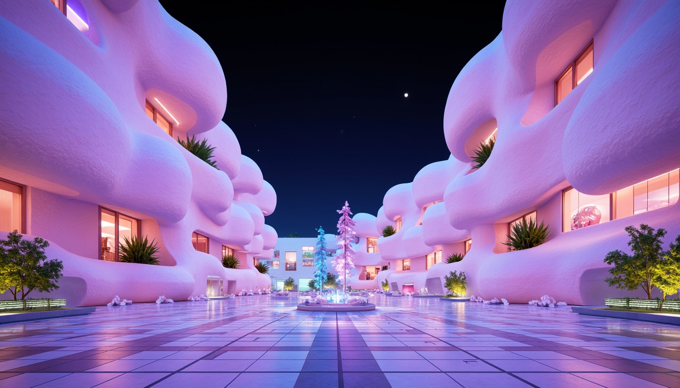 Prompt: Vibrant blob-shaped buildings, pastel color schemes, soft gradient transitions, iridescent materials, shimmering effects, futuristic architecture, glowing neon accents, luminescent lighting, dark shadows, high-contrast ratios, bold geometric patterns, abstract shapes, 3D modeling, surreal landscapes, dreamy atmosphere, cinematic composition, low-angle shot, dramatic spotlighting, rich textures, ambient occlusion.