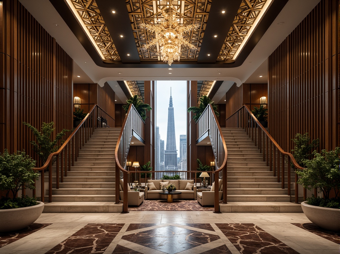 Prompt: Luxurious skyscraper, metallic accents, ornate geometric patterns, sunburst motifs, chevron designs, zigzag lines, lavish ornamentation, glossy marble floors, intricately carved wood panels, opulent chandeliers, bronze door handles, chrome-plated fixtures, stylized typography, symmetrical compositions, low-angle lighting, cinematic shading, detailed textures, high-contrast colors, 1/2 composition, ornate balustrades, fluted columns, scalloped edges.