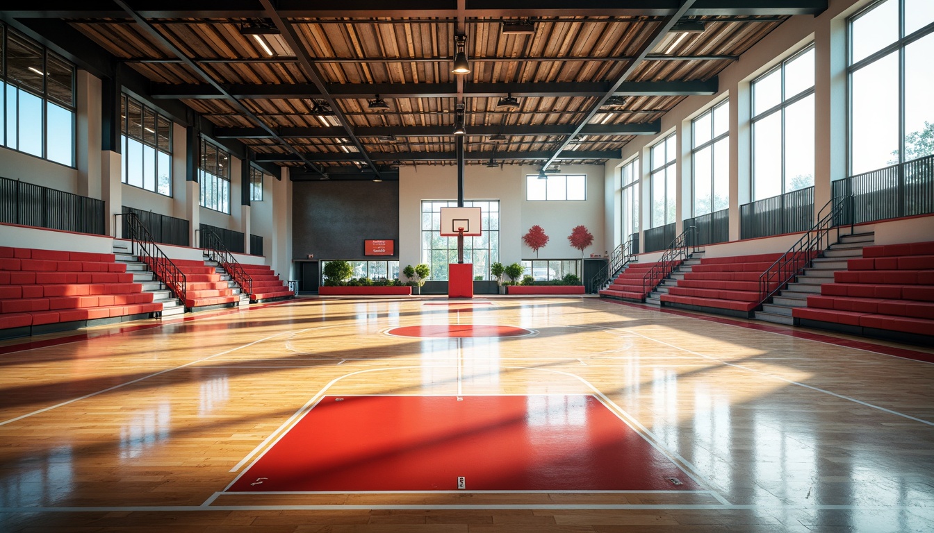 Prompt: Vibrant gymnasium interior, polished wooden floors, basketball hoops, athletic equipment, bleacher seats, modern architecture, large windows, natural light, sunny day, soft warm lighting, shallow depth of field, 3/4 composition, panoramic view, realistic textures, ambient occlusion, dynamic spatial flow, energetic atmosphere, athletic tracks, sports-inspired color schemes, metallic accents, industrial materials, functional design elements, optimized layouts, social gathering spaces.