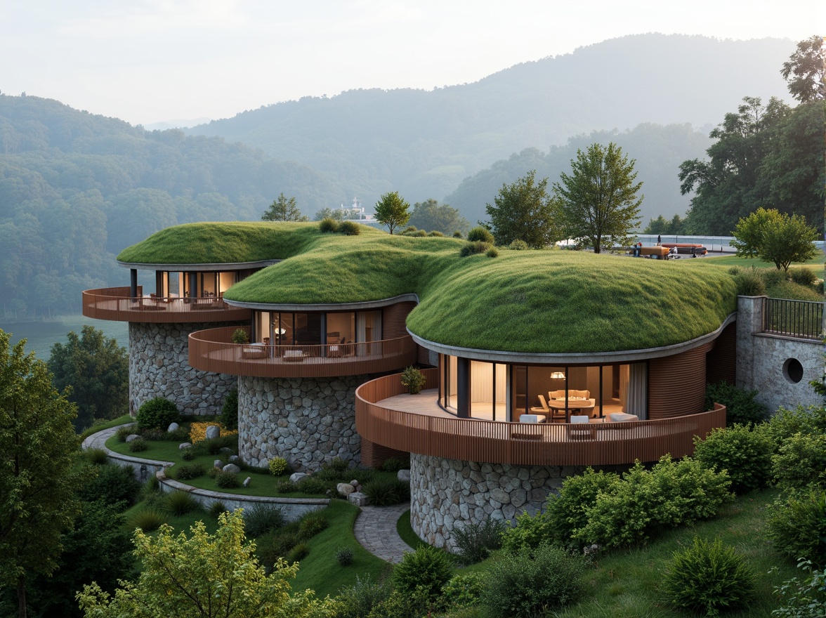 Prompt: Harmonious building facade, lush green roofs, verdant walls, natural stone cladding, wooden decks, outdoor seating areas, scenic lookout points, curved lines, modern architecture, large windows, sliding glass doors, surrounding forest, rolling hills, misty morning, soft diffused lighting, shallow depth of field, 1/2 composition, atmospheric perspective, realistic textures, ambient occlusion.