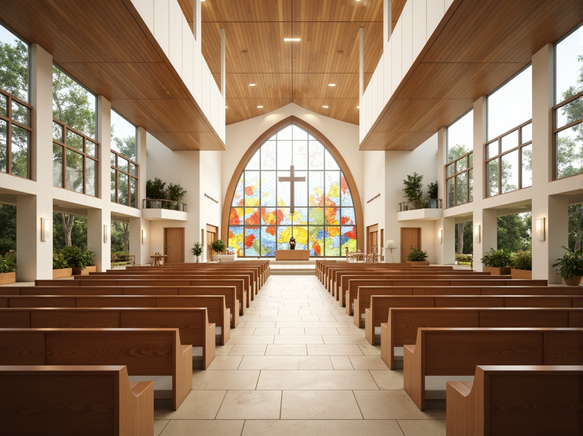 Prompt: Contemporary church interior, minimalist altar design, stained glass windows, natural light pouring in, cream-colored stone floors, sleek wooden pews, curved lines, open spatial layout, community-focused seating, vibrant colorful accents, abstract geometric patterns, innovative lighting systems, soft warm ambiance, 1/1 composition, shallow depth of field, realistic textures, ambient occlusion.