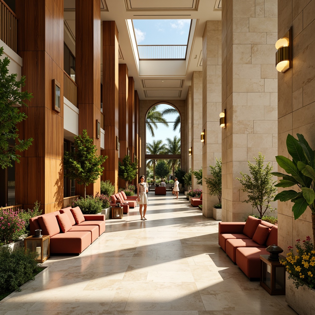 Prompt: Luxurious hotel lobby, warm beige walls, rich walnut wood accents, plush velvet furniture, golden lighting fixtures, soft cream marble floors, elegant greenery, vibrant tropical flowers, natural stone columns, sophisticated neutral tones, earthy brown hues, calming blue undertones, warm sunny day, soft diffused lighting, shallow depth of field, 1/1 composition, realistic textures, ambient occlusion.