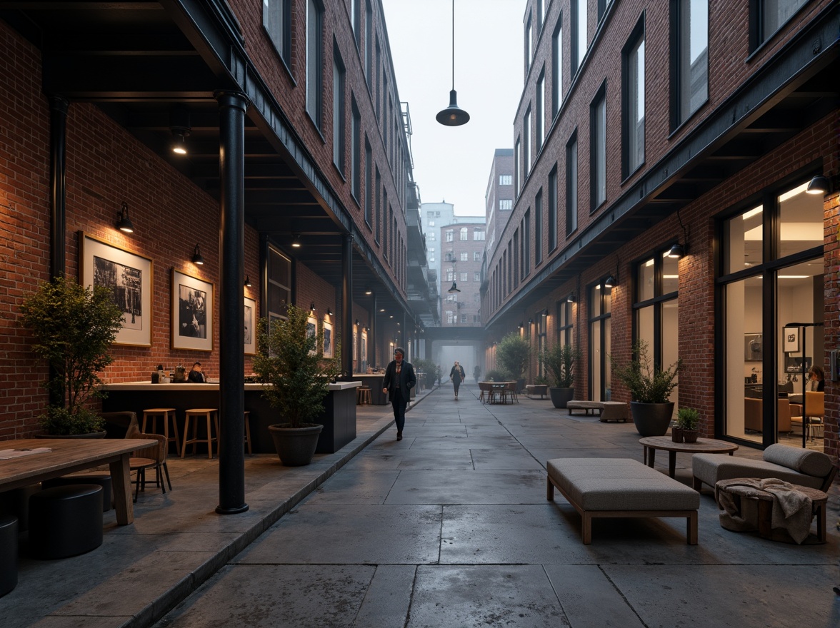 Prompt: Exposed brick walls, steel-framed structures, industrial-chic decor, reclaimed wood accents, metal beams, urban loft atmosphere, functional pipes, minimalist lighting fixtures, concrete floors, raw unfinished textures, gritty urban landscape, overcast sky, dramatic shadows, high-contrast lighting, 1/2 composition, cinematic mood, atmospheric fog, brutalist architecture influences.