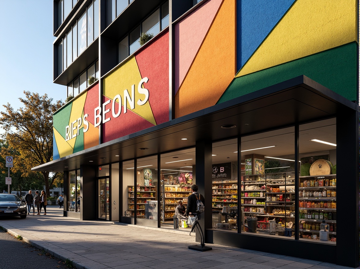 Prompt: Vibrant grocery store facade, expressionist architecture, bold colorful shapes, irregular forms, dynamic angular lines, geometric patterns, abstract compositions, playful typography, oversized signage, LED lighting displays, translucent glass surfaces, reflective metal accents, industrial materials, urban street context, bustling city atmosphere, morning sunlight, shallow depth of field, 1/2 composition, dramatic shadows, high-contrast textures.