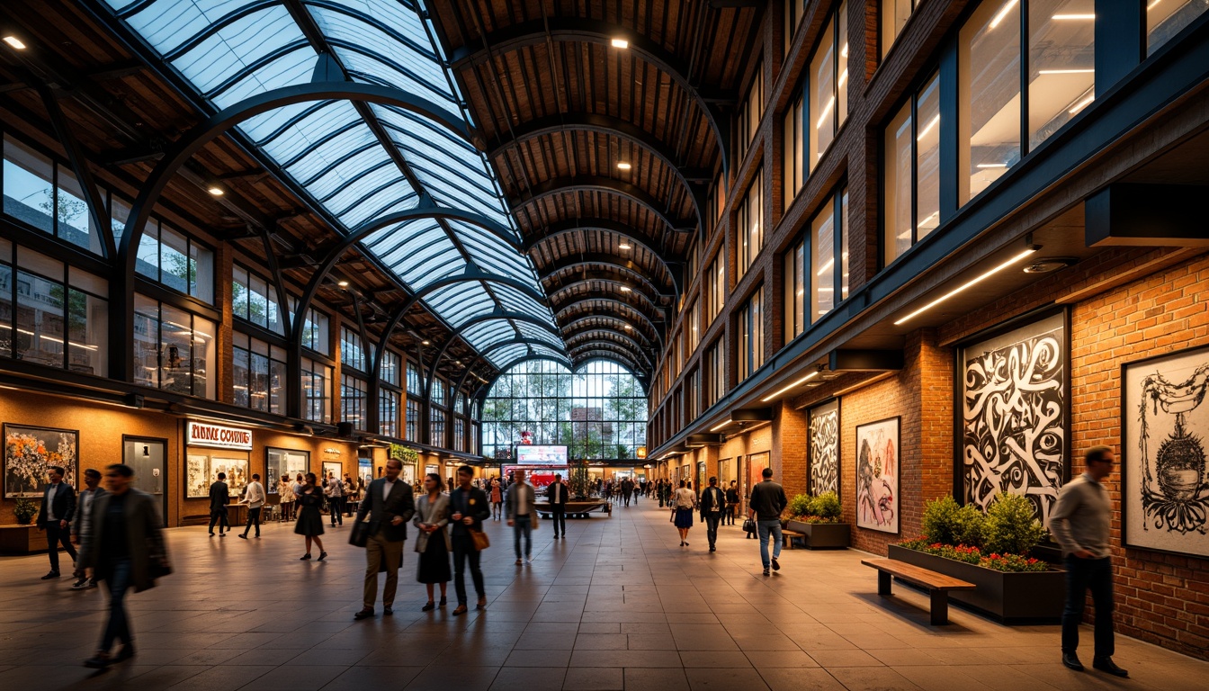 Prompt: Vibrant train station, industrial steel beams, rustic brick walls, modern LED lighting, sleek glass roofs, urban cityscape, bustling crowd, dynamic movement, warm golden lighting, rich wood accents, polished metal fixtures, bold typography, abstract graffiti art, eclectic urban furniture, lively street performers, rhythmic music ambiance, shallow depth of field, 1/2 composition, cinematic color grading.