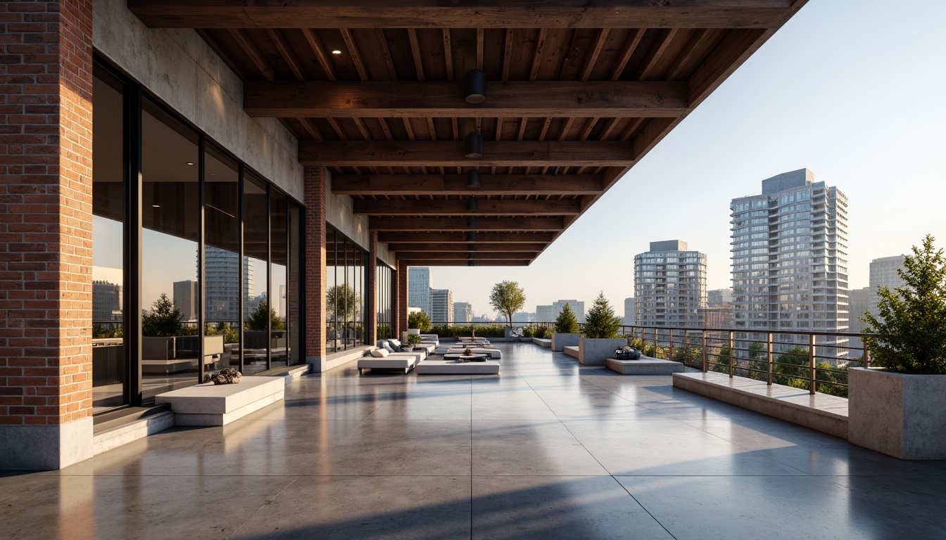 Prompt: Polished concrete floors, exposed brick walls, industrial metal beams, minimalist wooden accents, sleek glass railings, urban cityscape, modernist skyscrapers, brutalist architecture, functional simplicity, clean lines, monochromatic color scheme, natural stone cladding, corten steel fa\u00e7ade, riveted metal details, LED lighting installations, abstract geometric patterns, futuristic ambiance, high-contrast shading, cinematic composition, realistic reflections.