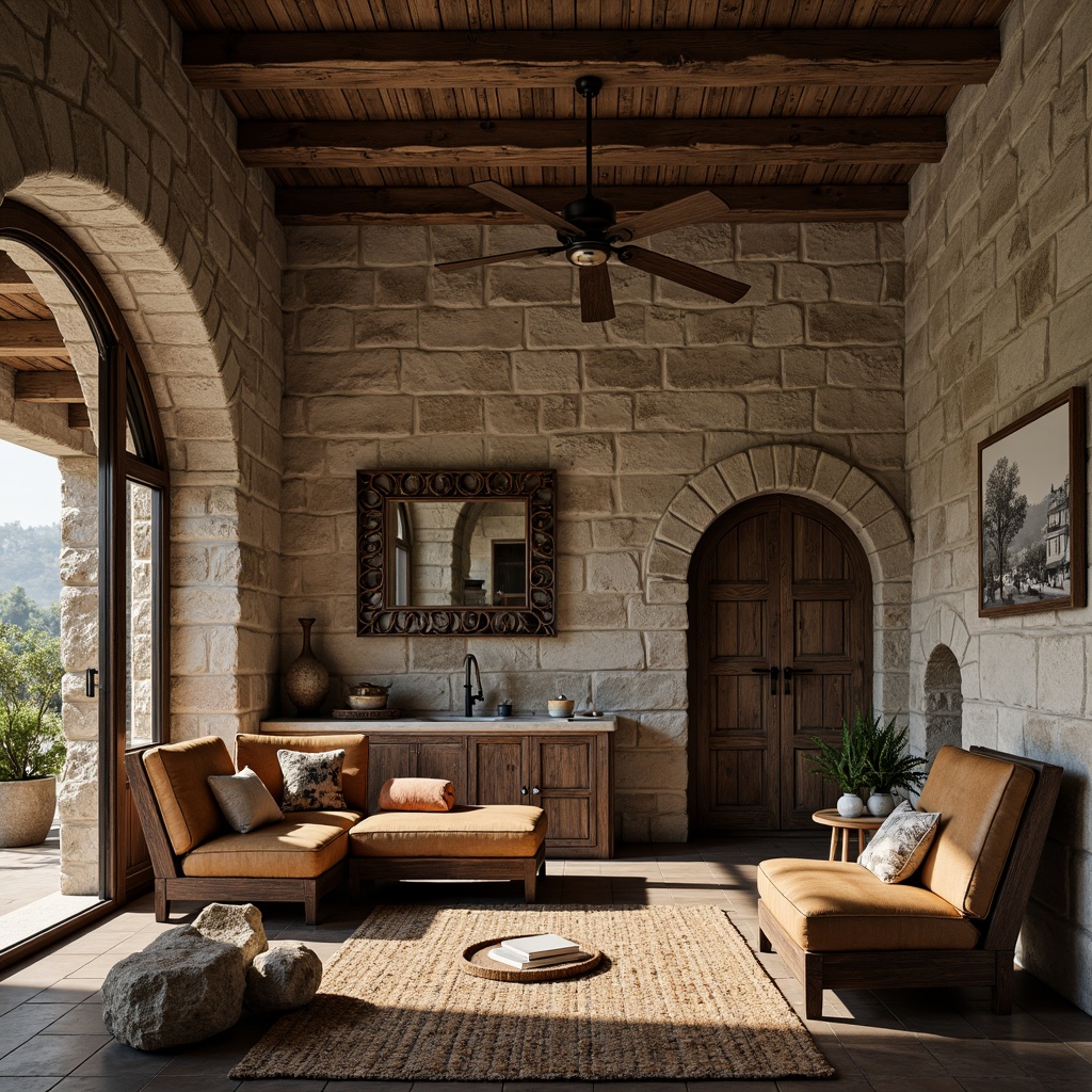 Prompt: Weathered stone walls, rustic wooden planks, rough-hewn boulders, intricate masonry patterns, ornate metalwork details, distressed leather upholstery, vintage fabric textures, woven wicker furniture, natural fiber rugs, earthy color palette, warm ambient lighting, soft focus, shallow depth of field, 2/3 composition, realistic renderings, ambient occlusion.