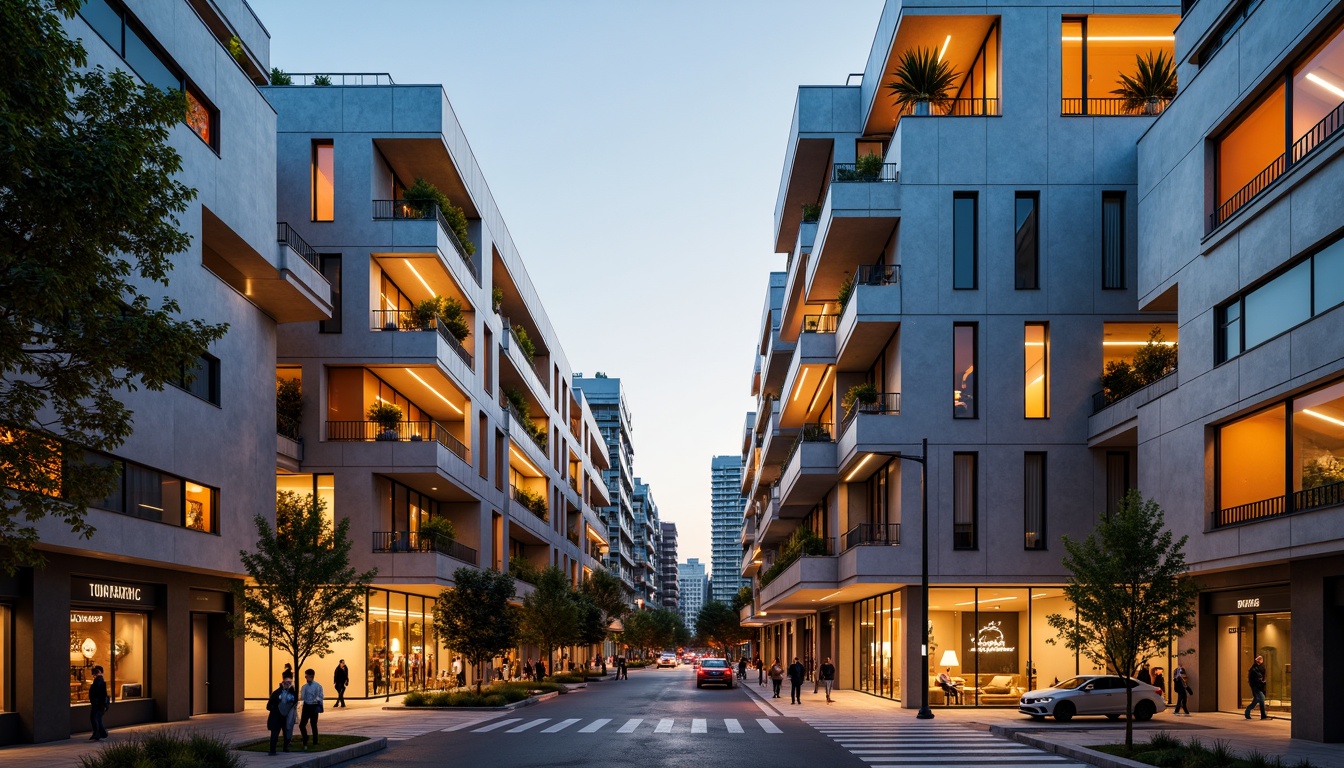 Prompt: Angular housing structures, bold geometric facades, vibrant colored panels, minimalist window frames, industrial metal cladding, futuristic LED lighting, cantilevered balconies, asymmetrical compositions, brutalist concrete textures, modern urban skyline, busy city streets, dynamic pedestrian traffic, warm golden hour lighting, shallow depth of field, 2/3 composition, realistic reflections, ambient occlusion.