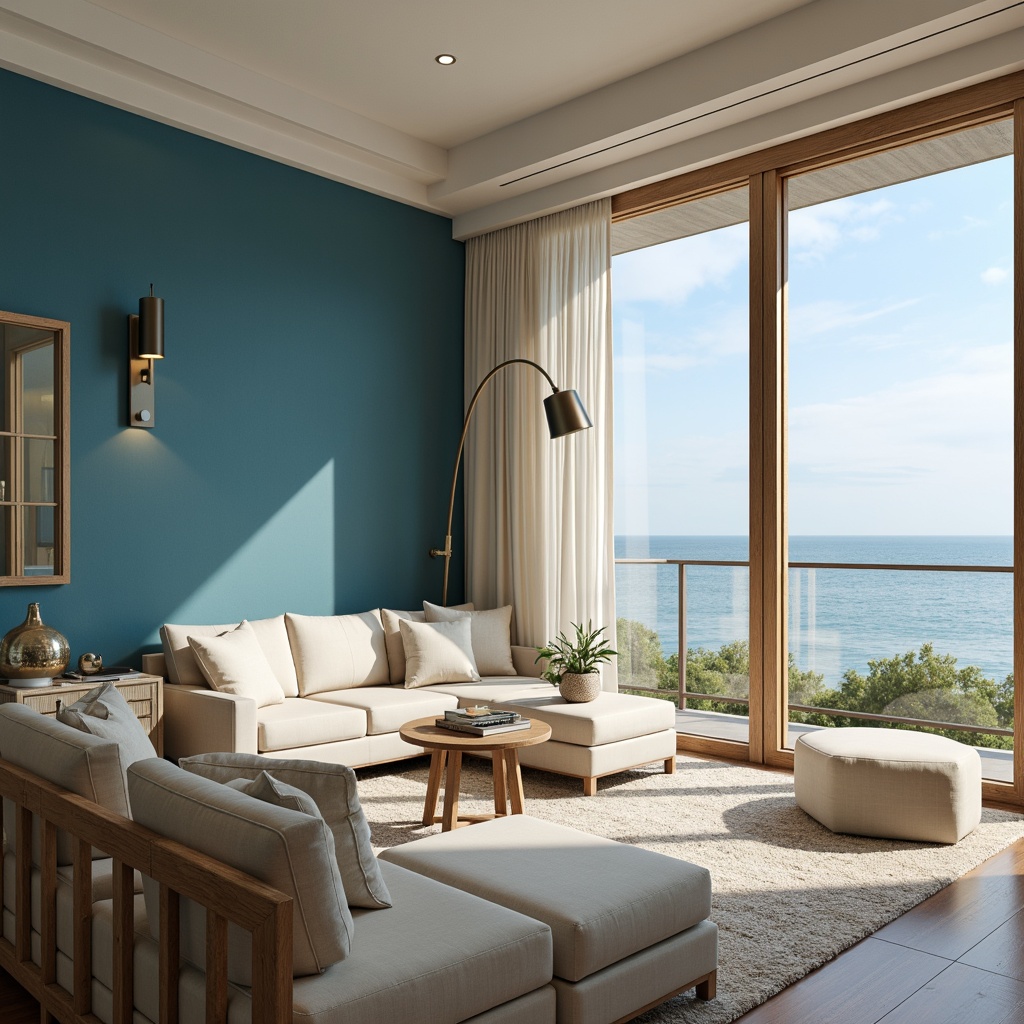 Prompt: Cerulean blue accent wall, soft creamy whites, warm beige tones, natural wood textures, elegant gold fixtures, luxurious velvet fabrics, subtle sparkle accents, serene ocean views, clear sunny skies, gentle sea breeze, shallow depth of field, 1/1 composition, realistic renderings, ambient occlusion.