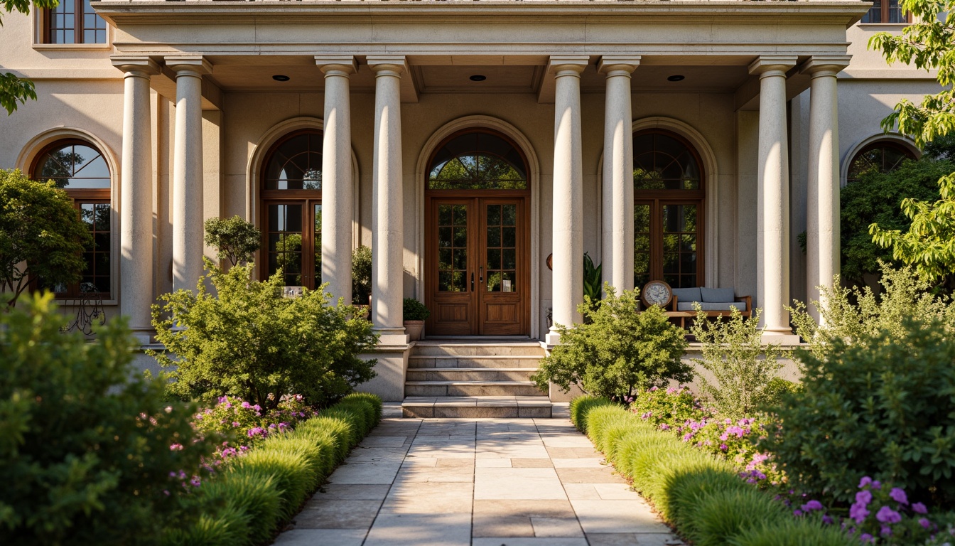 Prompt: Majestic villa facade, towering columns, classical architecture, ornate capitals, elegant architraves, rustic stone walls, lush greenery, blooming flowers, serene atmosphere, warm sunny day, soft natural lighting, shallow depth of field, 3/4 composition, realistic textures, ambient occlusion.