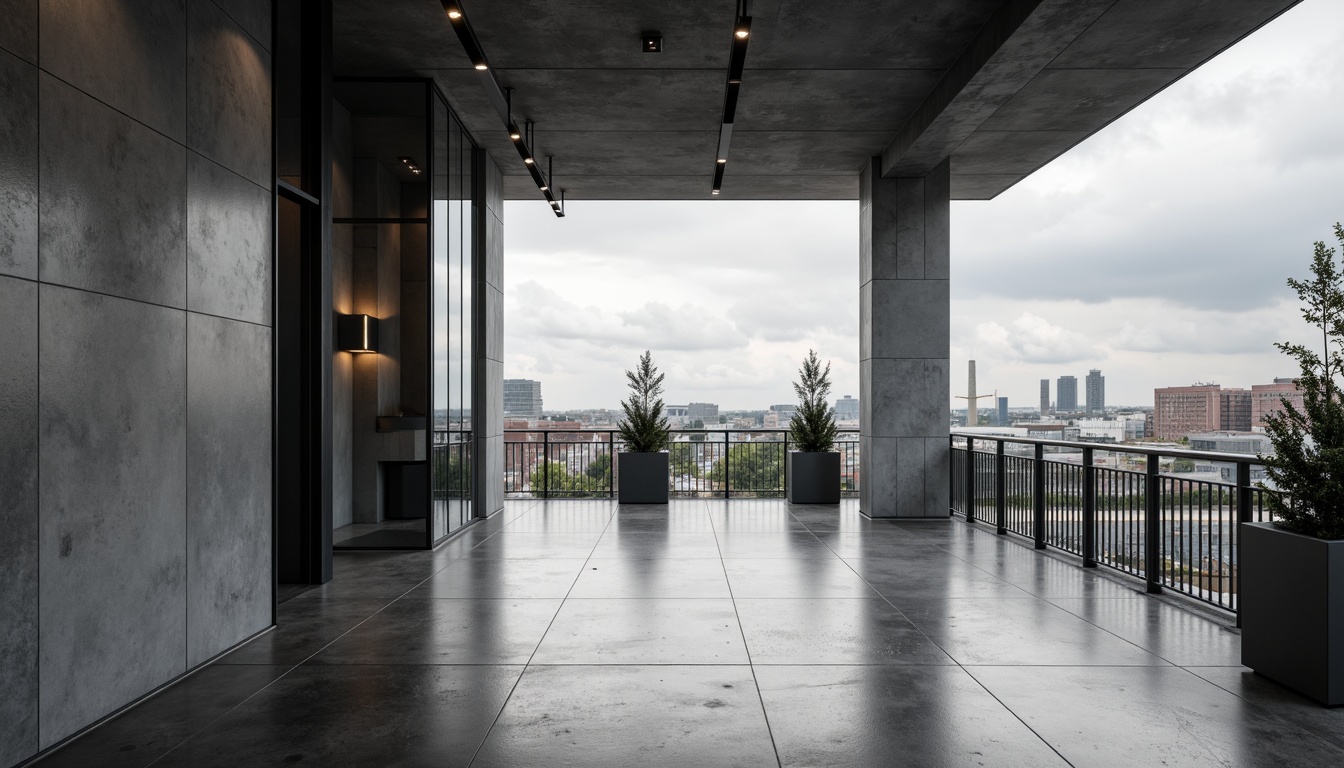 Prompt: Polished concrete floors, exposed metal beams, industrial-style lighting fixtures, minimalist decor, sleek glass railings, smooth stone walls, bold geometric shapes, monochromatic color schemes, urban cityscape, cloudy grey sky, dramatic shadows, high-contrast lighting, shallow depth of field, 3/4 composition, realistic textures, ambient occlusion.