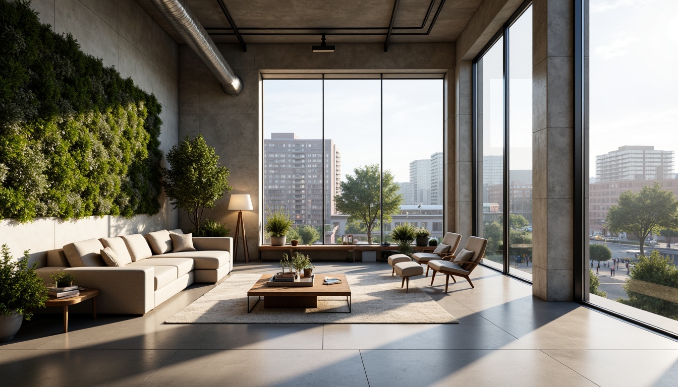 Prompt: Minimalist living room, open floor plan, high ceilings, large windows, natural light, industrial chic, exposed ductwork, polished concrete floors, modern furniture, green walls, vertical gardens, airy atmosphere, soft diffused lighting, shallow depth of field, 1/1 composition, panoramic view, realistic textures, ambient occlusion, urban residential setting, cityscape views, bustling street life, morning sunlight, gentle breeze.