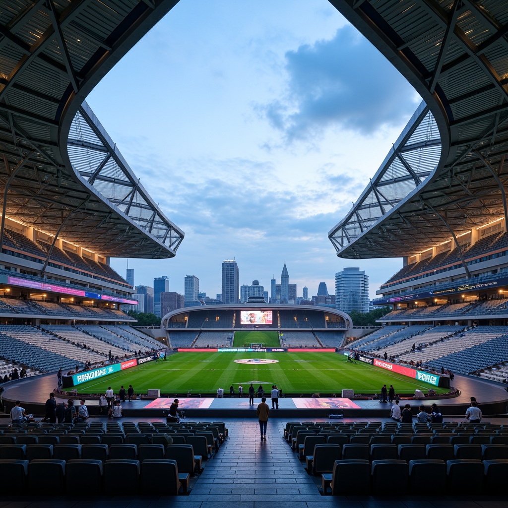 Prompt: Futuristic football stadium, curved dynamic lines, asymmetrical shapes, cantilevered roofs, translucent fa\u00e7ades, vibrant neon lights, massive video screens, undulating seating areas, polished concrete floors, exposed steel structures, angular staircases, panoramic city views, cloudy blue sky, dramatic floodlighting, high-contrast shadows, 1/1 composition, shallow depth of field, realistic reflections, ambient occlusion.