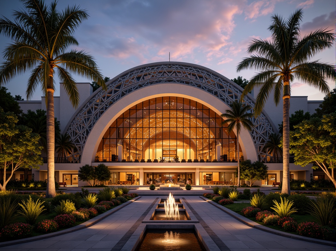 Prompt: \Grandiose concert hall, ornate Art Deco fa\u00e7ade, geometric patterns, metallic accents, lavish gardens, tropical palm trees, vibrant flower arrangements, curved walkways, elegant fountains, sophisticated lighting fixtures, dramatic spotlights, warm sunset ambiance, shallow depth of field, 1/2 composition, symmetrical framing, realistic textures, ambient occlusion.\Let me know if this meets your expectations!