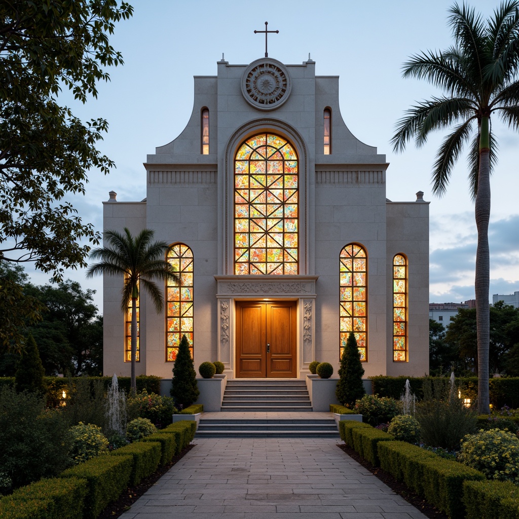 Prompt: Elegant Art Deco church facade, symmetrical entrance, ornate stone carvings, geometric metalwork, vibrant stained glass windows, lush greenery, topiary bushes, manicured lawns, decorative fountains, grand staircases, monumental columns, intricate mosaics, warm golden lighting, soft focus, shallow depth of field, 1/1 composition, symmetrical framing, ornate textures, ambient occlusion.