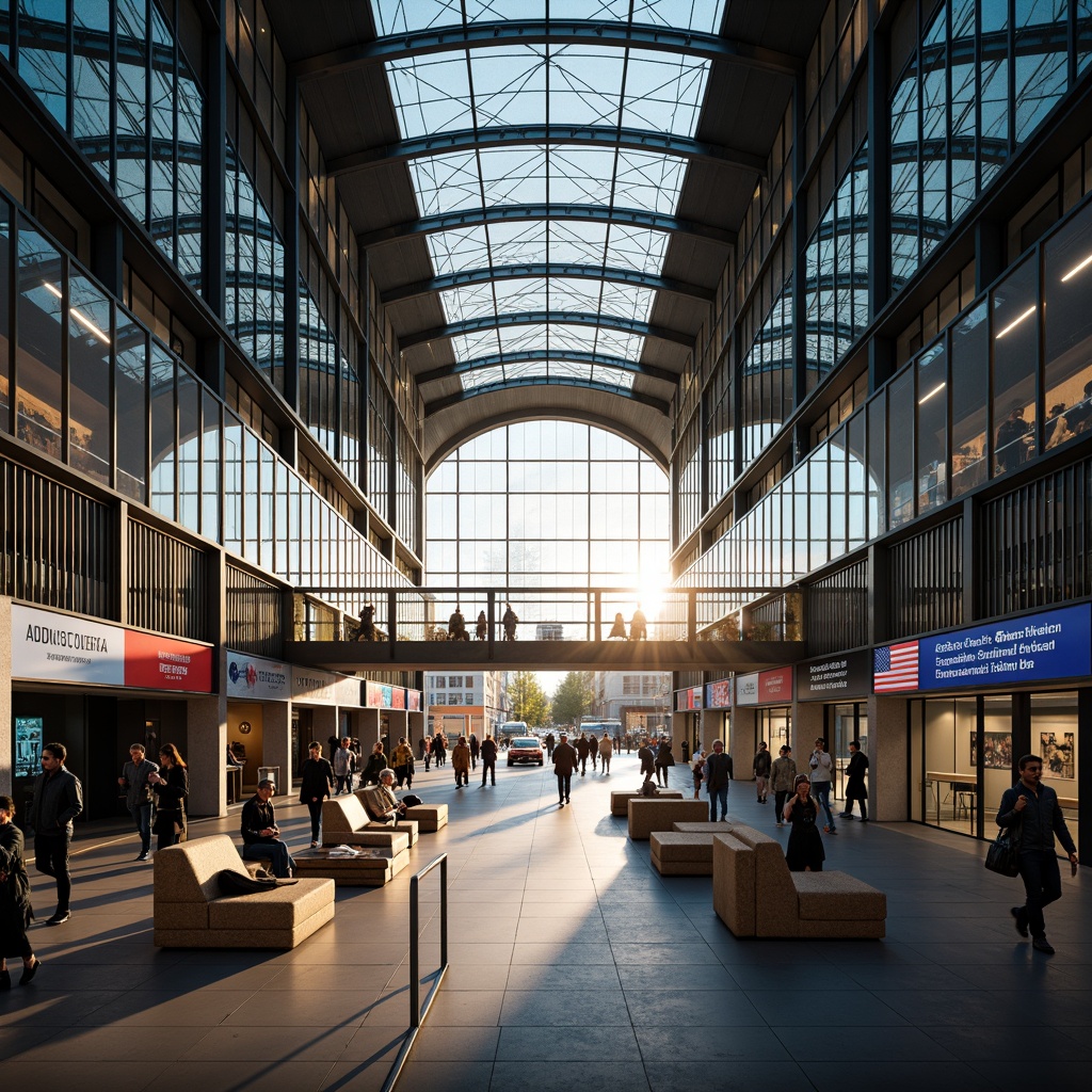 Prompt: Modern transportation hub, sleek glass fa\u00e7ade, metallic accents, cantilevered canopies, angular lines, minimalist design, large LED displays, dynamic lighting systems, futuristic atmosphere, bustling urban setting, morning rush hour, warm golden lighting, shallow depth of field, 1/1 composition, symmetrical architecture, grand atrium, high ceilings, polished marble floors, stainless steel handrails, vibrant digital signage, real-time traffic updates, international cultural influences.