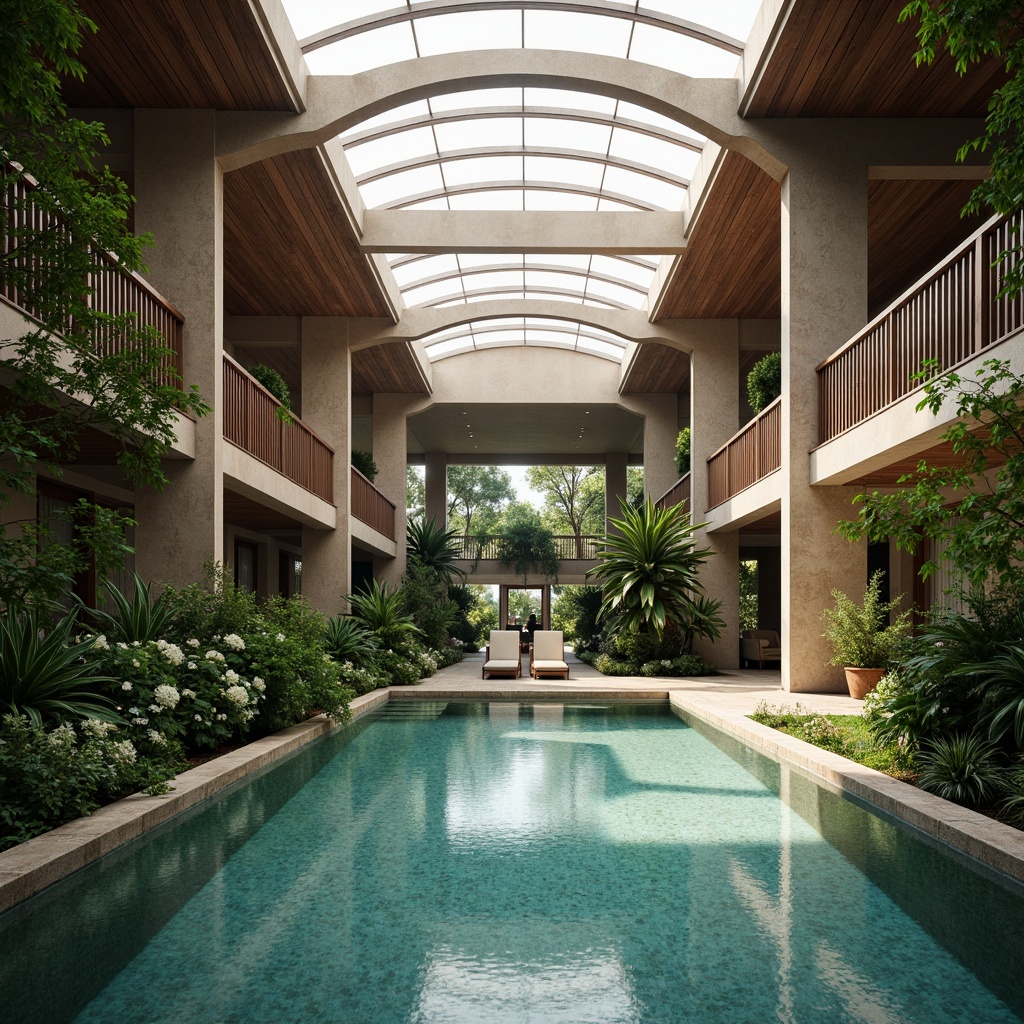 Prompt: Tropical swimming pool, lush greenery, natural ventilation systems, clerestory windows, high ceilings, wooden beam structures, rustic stone walls, earthy color palette, organic curves, breezy outdoor spaces, misty morning atmosphere, soft diffused lighting, shallow depth of field, 1/2 composition, warm neutral tones, realistic textures, ambient occlusion.