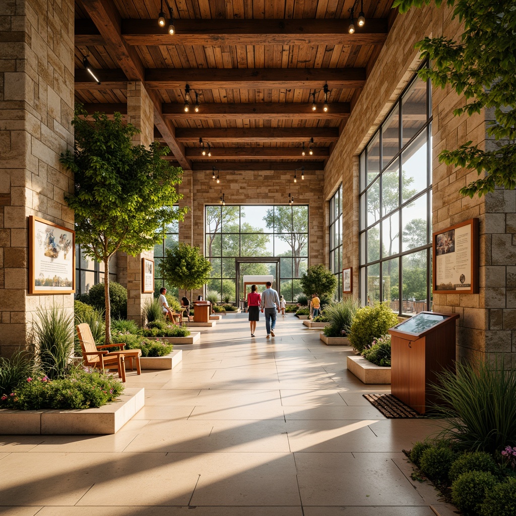 Prompt: Earthy visitor center, natural stone walls, reclaimed wood accents, warm beige flooring, earthy brown furniture, vibrant greenery, informational signs, interactive exhibits, educational displays, welcoming entrance, open ceiling, abundant natural light, soft warm lighting, shallow depth of field, 3/4 composition, panoramic view, realistic textures, ambient occlusion.