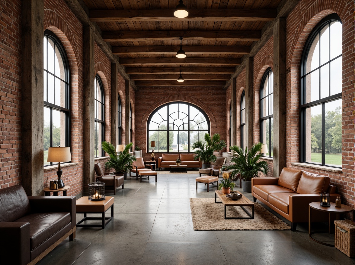 Prompt: Exposed brick walls, rustic wooden beams, industrial metal frames, polished concrete floors, reclaimed wood accents, vintage metal lanterns, distressed leather furnishings, earthy color palette, natural stone columns, ornate ironwork details, grand archways, high ceilings, large windows, soft warm lighting, shallow depth of field, 3/4 composition, panoramic view, realistic textures, ambient occlusion.