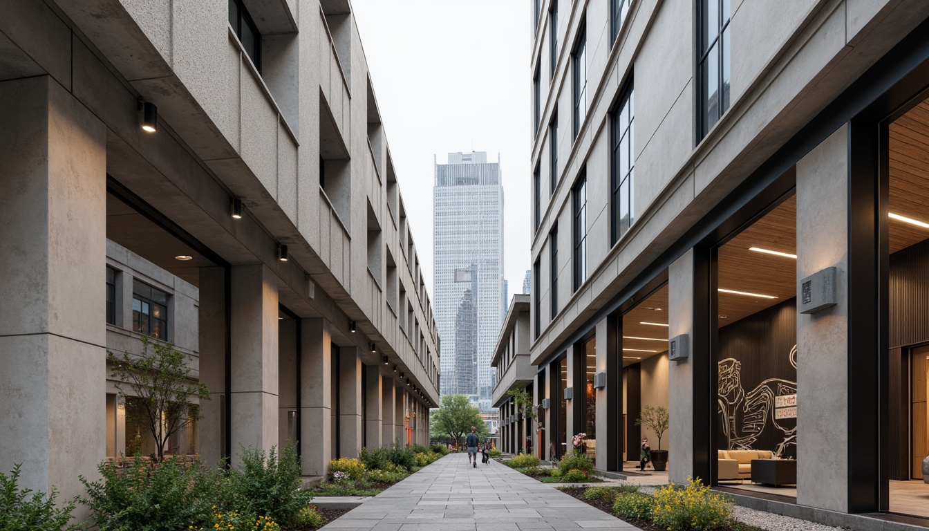 Prompt: Polished concrete walls, rough stone facades, smooth metal cladding, reflective glass surfaces, wooden accents, industrial-style pipes, minimalist ornamentation, bold color schemes, geometric patterns, abstract murals, urban cityscape backdrop, overcast skies, soft diffused lighting, shallow depth of field, 2/3 composition, realistic textures, ambient occlusion.