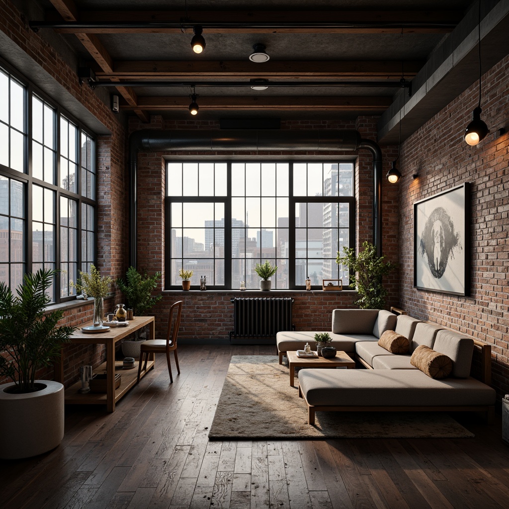 Prompt: Industrial chic loft interior, exposed brick walls, metal beams, wooden floors, reclaimed wood accents, Edison bulb lighting, minimalist decor, modern art pieces, urban city views, large windows, natural light pouring in, airy open space, functional industrial elements, distressed finishes, rough textures, moody color palette, dramatic shadows, high contrast ratio, 1/1 composition, shallow depth of field, cinematic ambiance.