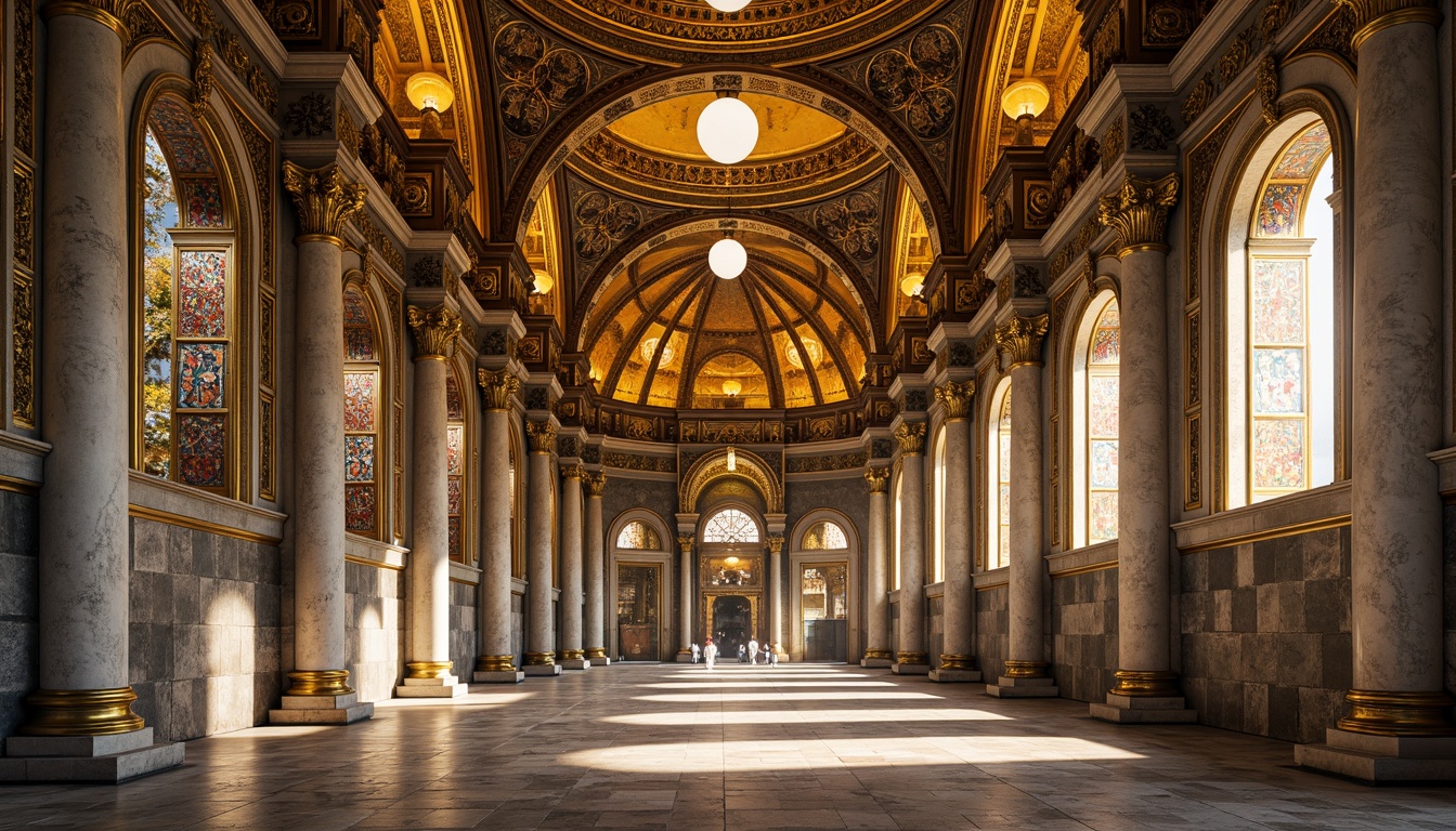 Prompt: Intricate mosaics, golden domes, ornate archways, marble columns, Byzantine-inspired patterns, richly textured stone walls, vibrant glass tiles, intricate frescoes, ornamental capitals, lavish ornamentation, grandiose entrances, imposing structures, dramatic lighting effects, warm atmospheric ambiance, shallow depth of field, 1/1 composition, symmetrical framing, realistic renderings.