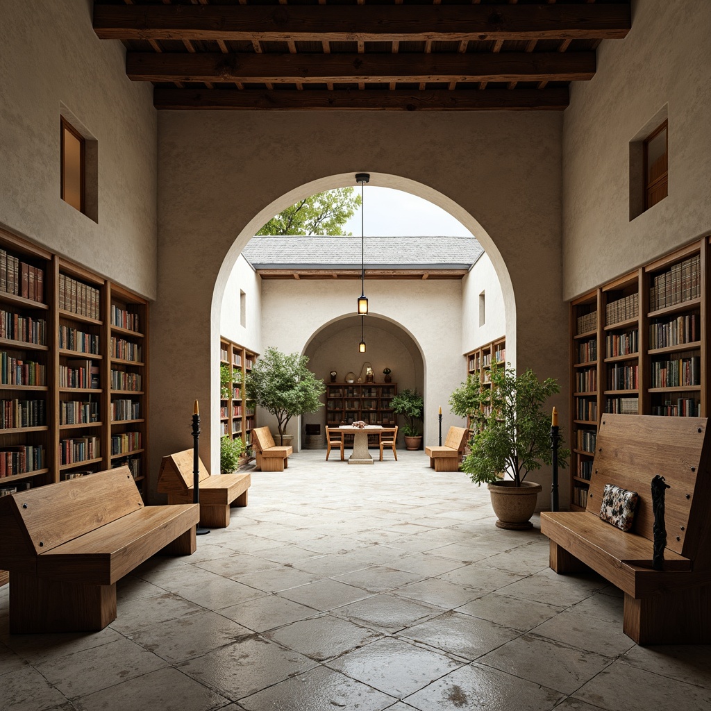 Prompt: Simple monastery courtyard, stone pavement, minimalist architecture, clean lines, neutral color palette, natural light, wooden benches, subtle ornate details, serene atmosphere, quiet reflection, soft warm lighting, shallow depth of field, 3/4 composition, panoramic view, realistic textures, ambient occlusion, academic ambiance, scholarly furnishings, leather-bound books, wooden desks, classic lanterns, peaceful surroundings.