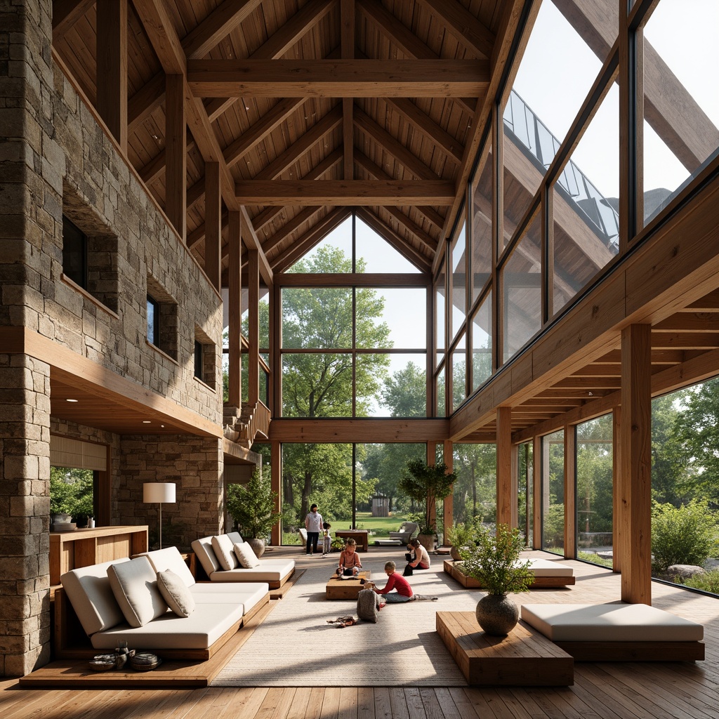 Prompt: Rustic barn, wooden accents, natural stone walls, earthy tones, reclaimed wood beams, exposed ductwork, large windows, clerestory windows, skylights, solar panels, green roofs, rainwater harvesting systems, eco-friendly materials, minimalist decor, neutral color palette, modern farmhouse style, open floor plan, cozy reading nooks, comfortable seating areas, warm lighting, soft shadows, shallow depth of field, 3/4 composition, panoramic view, realistic textures, ambient occlusion.