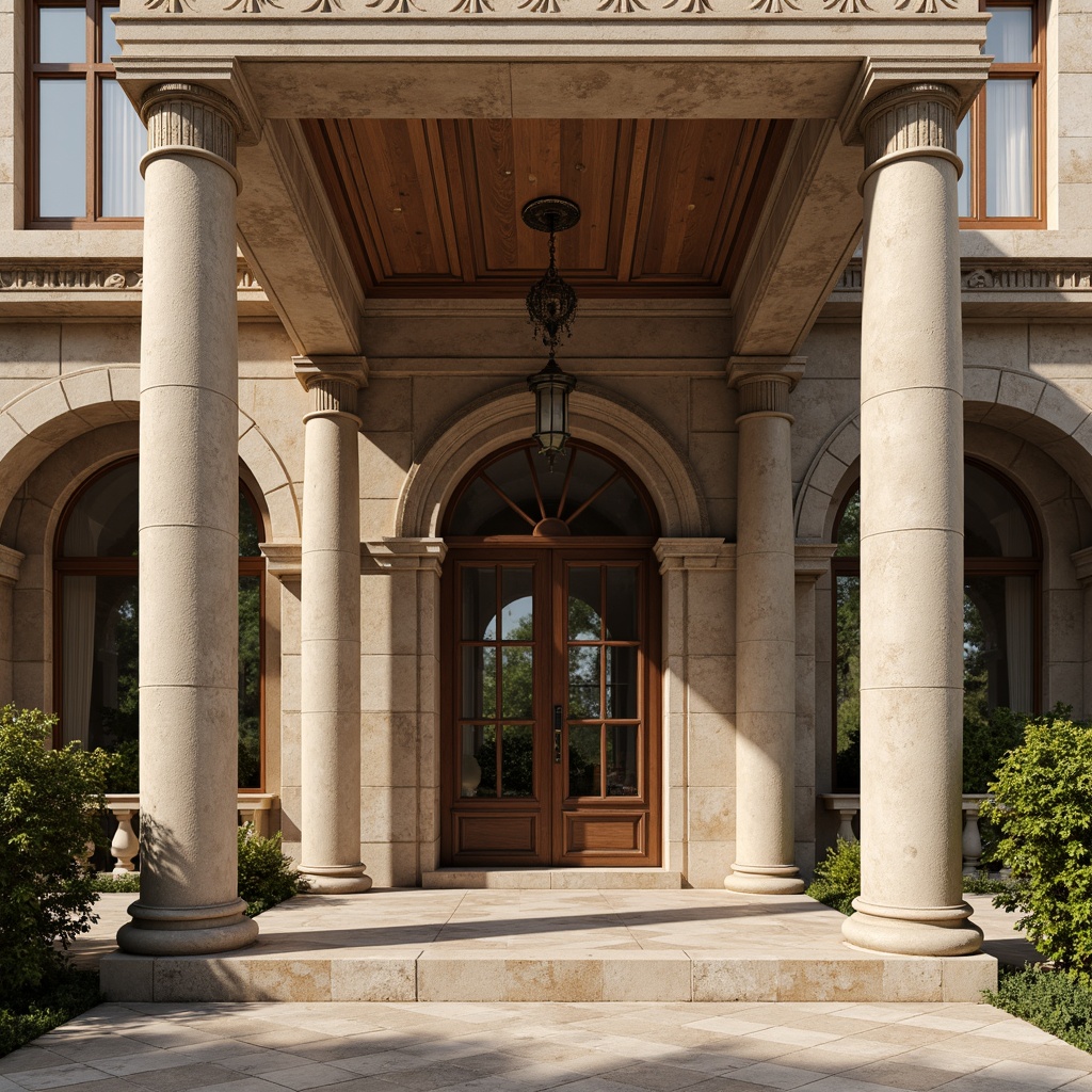 Prompt: Grand villa facade, imposing columns, ornate capitals, majestic arches, rusticated stone walls, symmetrical composition, elegant proportions, refined classicism, subtle ornateness, earthy tone, natural light, warm afternoon sun, soft shadows, 1/1 perspective, realistic rendering, high dynamic range.