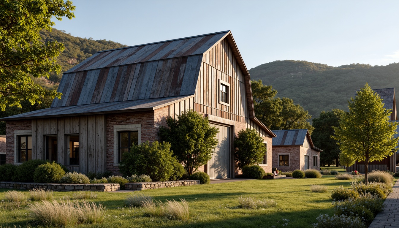 Prompt: Rustic barn-style architecture, distressed wood textures, vintage metal roofs, earthy tones, natural stone walls, wooden beams, exposed brick facades, classic colonial details, ornate cornices, weathered shutters, ivy-covered walls, lush greenery, rolling hills, sunny afternoon, warm soft lighting, shallow depth of field, 2/3 composition, realistic textures, ambient occlusion.