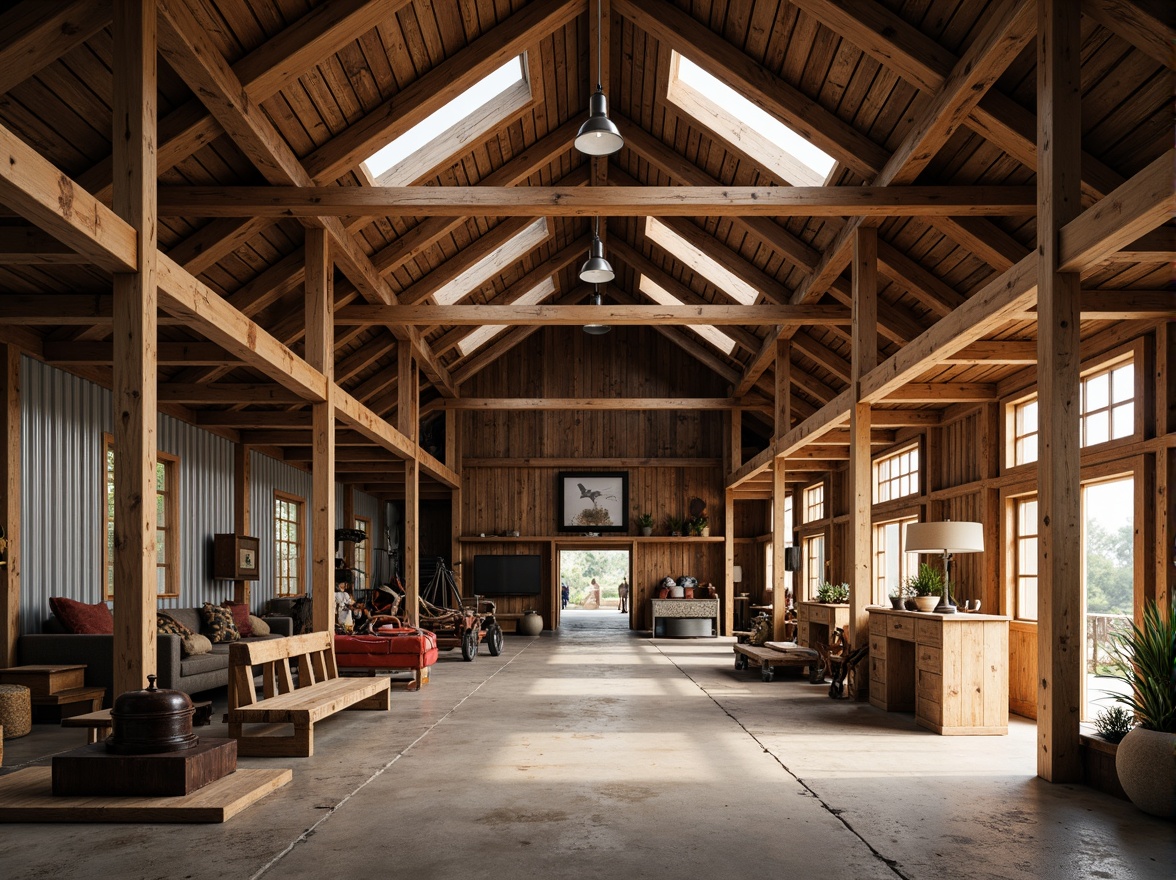 Prompt: Rustic barn, wooden beams, exposed rafters, metal roofing, corrugated iron sheets, agricultural equipment, vintage farm tools, earthy tones, natural textures, weathered wood, reclaimed lumber, modern minimalist aesthetic, clerestory windows, skylights, abundant natural light, soft warm glow, shallow depth of field, 1/1 composition, symmetrical framing, realistic rusty metal details, ambient occlusion.