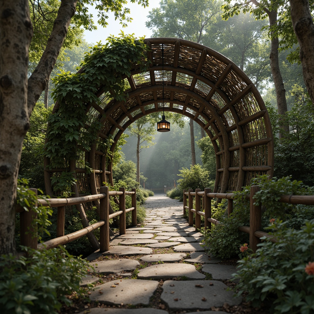 Prompt: Rustic stone bridges, curved ornate metalwork, flowing organic lines, verdant foliage, moss-covered stonework, serene rural landscapes, gentle streams, wooden railings, latticework details, earthy color palette, natural stone arches, intricate ironwork, whimsical lanterns, soft warm lighting, misty mornings, shallow depth of field, 2/3 composition, atmospheric perspective, realistic textures, ambient occlusion.