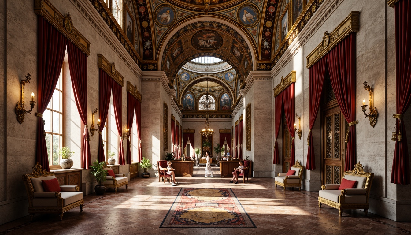 Prompt: Intricate mosaics, gold accents, ornate stone carvings, rich marble textures, vibrant frescoes, ornamental arches, grand domes, Byzantine-inspired patterns, luxurious velvet drapes, intricate wooden furnishings, polished bronze details, warm candlelight, soft warm ambiance, shallow depth of field, 1/1 composition, realistic reflections, ambient occlusion.