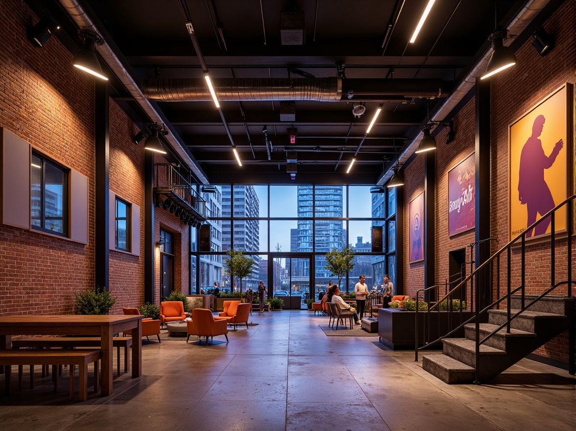 Prompt: Industrial music venue, exposed brick walls, polished concrete floors, steel beams, minimalist stage design, functional lighting systems, sleek metal railings, wooden acoustic panels, vibrant color accents, geometric patterns, avant-garde furniture, urban cityscape, evening atmosphere, warm ambient lighting, shallow depth of field, 2/3 composition, realistic textures, ambient occlusion.