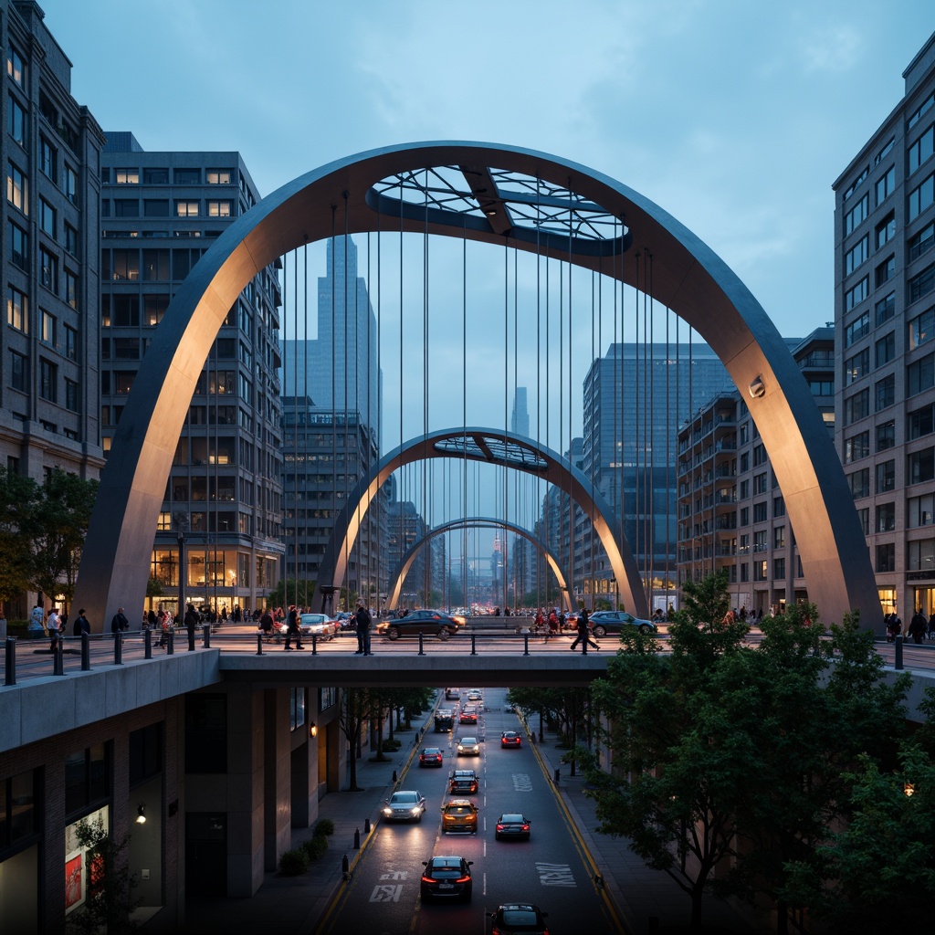 Prompt: Futuristic vehicular bridge, sleek metal arches, suspension cables, angular lines, dynamic shapes, experimental architecture, innovative materials, glowing neon lights, urban cityscape, busy traffic flow, misty evening atmosphere, dramatic spotlighting, high-contrast rendering, cinematic composition, shallow depth of field, 1-point perspective, realistic metallic textures, ambient occlusion.