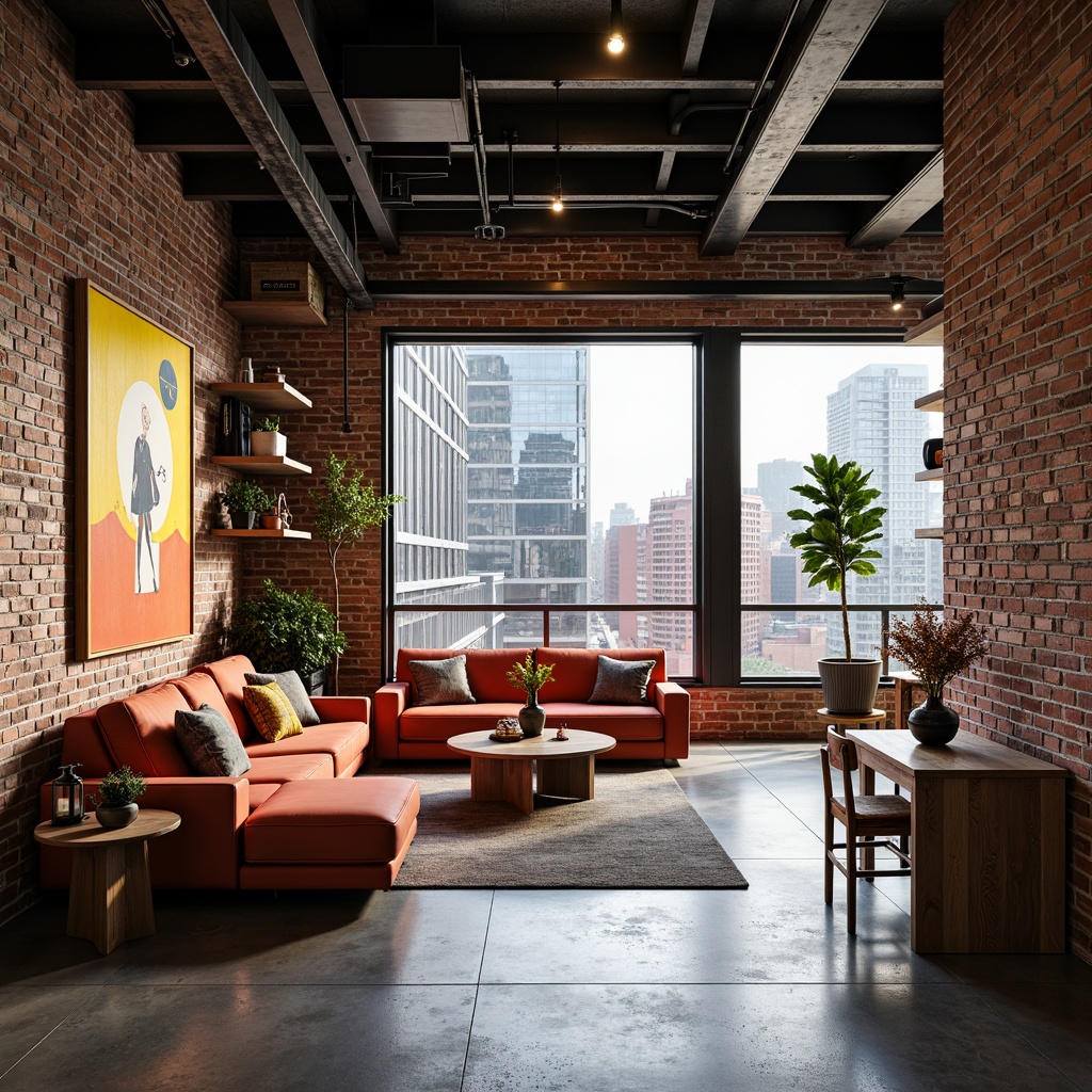 Prompt: Industrial-chic loft, exposed brick walls, metal beams, polished concrete floors, eclectic furniture, vibrant color accents, bold artwork, urban city views, natural light pouring in, airy atmosphere, minimalist decor, functional industrial elements, reclaimed wood shelves, edgy modern lighting, abstract geometric patterns, soft warm glow, 3/4 composition, shallow depth of field.