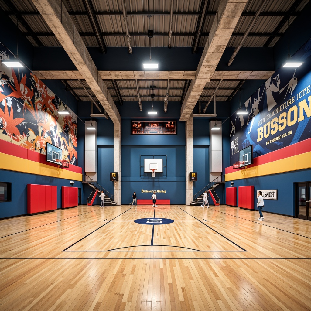 Prompt: Modern gymnasium interior, polished wooden flooring, vibrant color accents, sporty wall murals, dynamic lighting systems, suspended acoustic panels, sleek metal beams, minimalist ceiling design, robust concrete columns, industrial-style ductwork, high-gloss epoxy coatings, bold typography signage, energetic atmosphere, shallow depth of field, 2/3 composition, realistic textures, ambient occlusion.