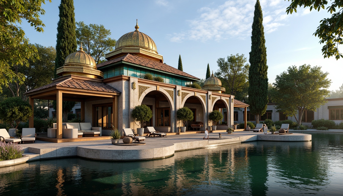 Prompt: Byzantine-inspired boathouse, ornate roof tiles, golden domes, intricate stone carvings, turquoise accents, lavish decorations, grand archways, rustic wooden dock, serene lake surroundings, lush greenery, majestic cypress trees, warm sunny day, soft diffused lighting, 1/2 composition, dramatic shadows, rich textures, ambient occlusion.