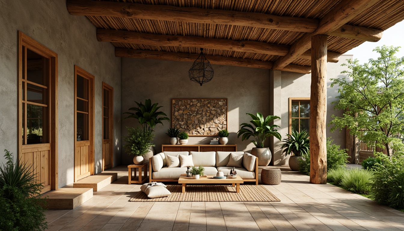 Prompt: Rustic wooden accents, reclaimed lumber, natural stone walls, bamboo flooring, living green roofs, organic shapes, earthy color palette, eco-friendly textiles, woven rattan furniture, botanical patterns, soft warm lighting, shallow depth of field, 3/4 composition, realistic textures, ambient occlusion.