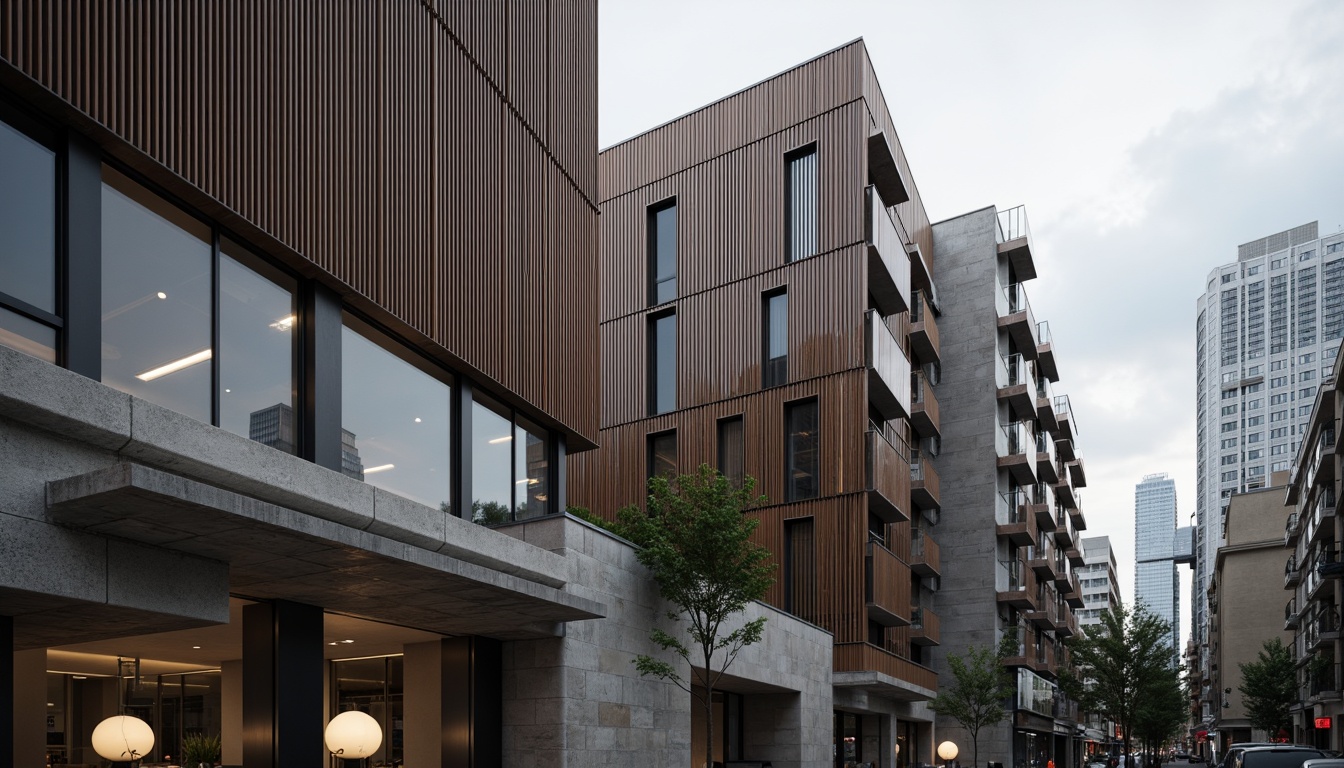 Prompt: Rough stone walls, industrial metal cladding, wooden accents, sleek glass facades, abstract concrete forms, brutalist architecture, urban cityscape, cloudy grey sky, dramatic lighting, low-angle shot, 1/2 composition, realistic reflections, ambient occlusion, detailed normal maps, high-frequency details.