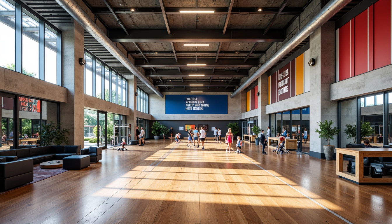 Prompt: Modern gymnasium interior, polished wooden flooring, sports-inspired color schemes, sleek metal beams, high ceilings, natural light influx, motivational quotes, athletic equipment displays, trophy cases, dynamic LED lighting, textured concrete walls, industrial-chic decor, fitness-inspired artwork, vibrant accent colors, durable rubber flooring, sound-absorbing acoustic panels, panoramic mirrors, spacious open layouts, minimalist seating areas, refreshing color temperatures, soft box lighting, 1/2 composition, realistic reflections.