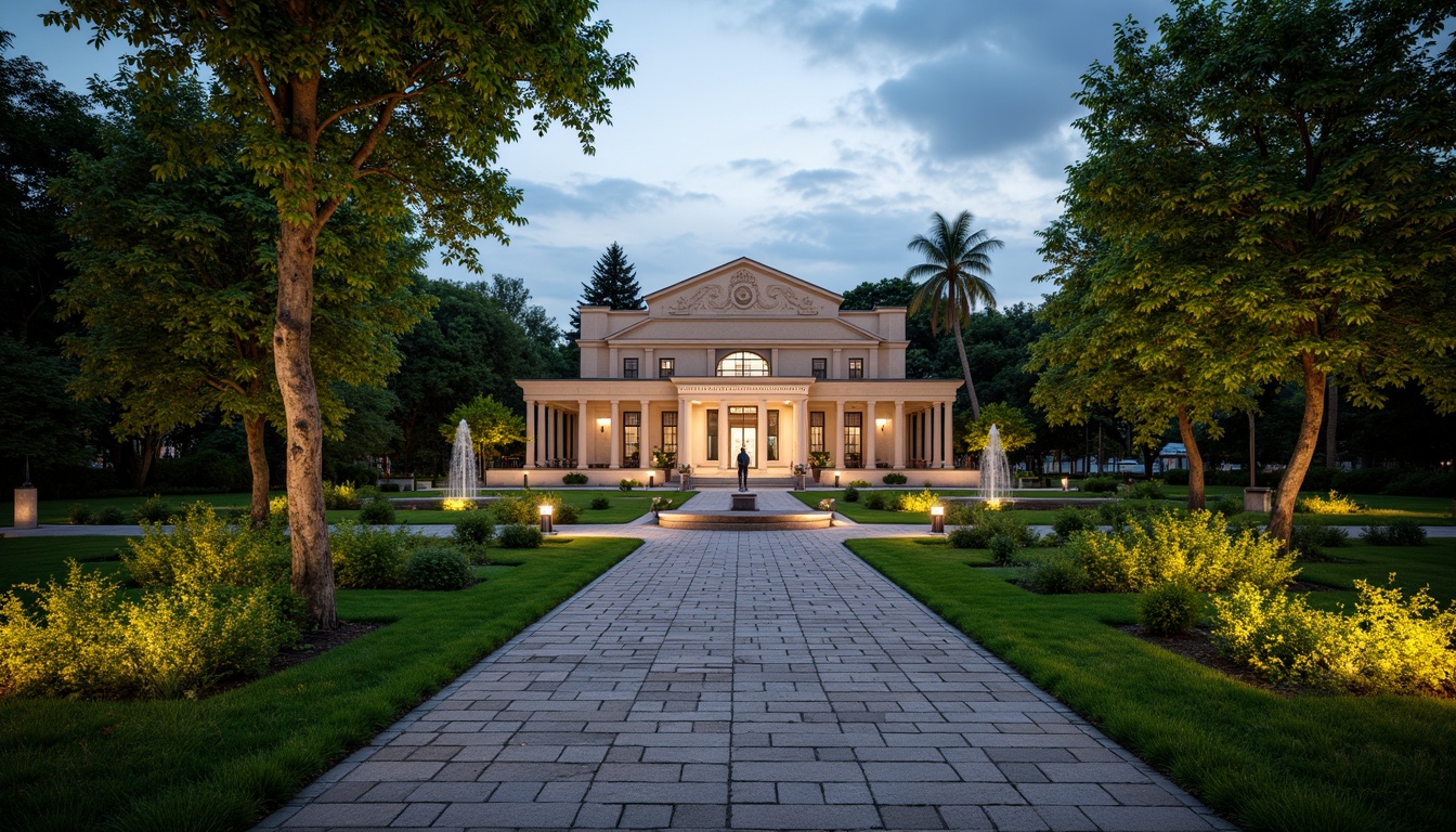 Prompt: Rustic stone pathways, lush green lawns, mature trees, ornate fountains, grand entrance gates, neoclassical museum buildings, columned facades, carved stone details, elegant landscaping lights, soft warm evening lighting, shallow depth of field, 1/2 composition, symmetrical framing, realistic textures, ambient occlusion.