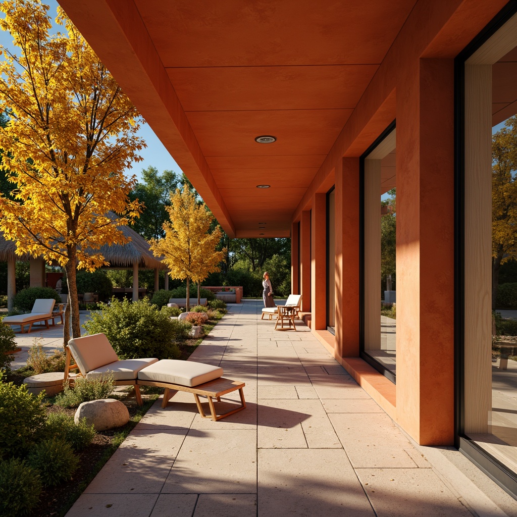 Prompt: Vibrant persimmon hue, warm orange tones, earthy terracotta accents, natural stone walls, rustic wooden beams, cozy interior spaces, autumnal foliage, lush greenery, soft warm lighting, shallow depth of field, 1/1 composition, realistic textures, ambient occlusion, modern minimalist design, sleek lines, eco-friendly materials, innovative cooling technologies, shaded outdoor spaces, misting systems.