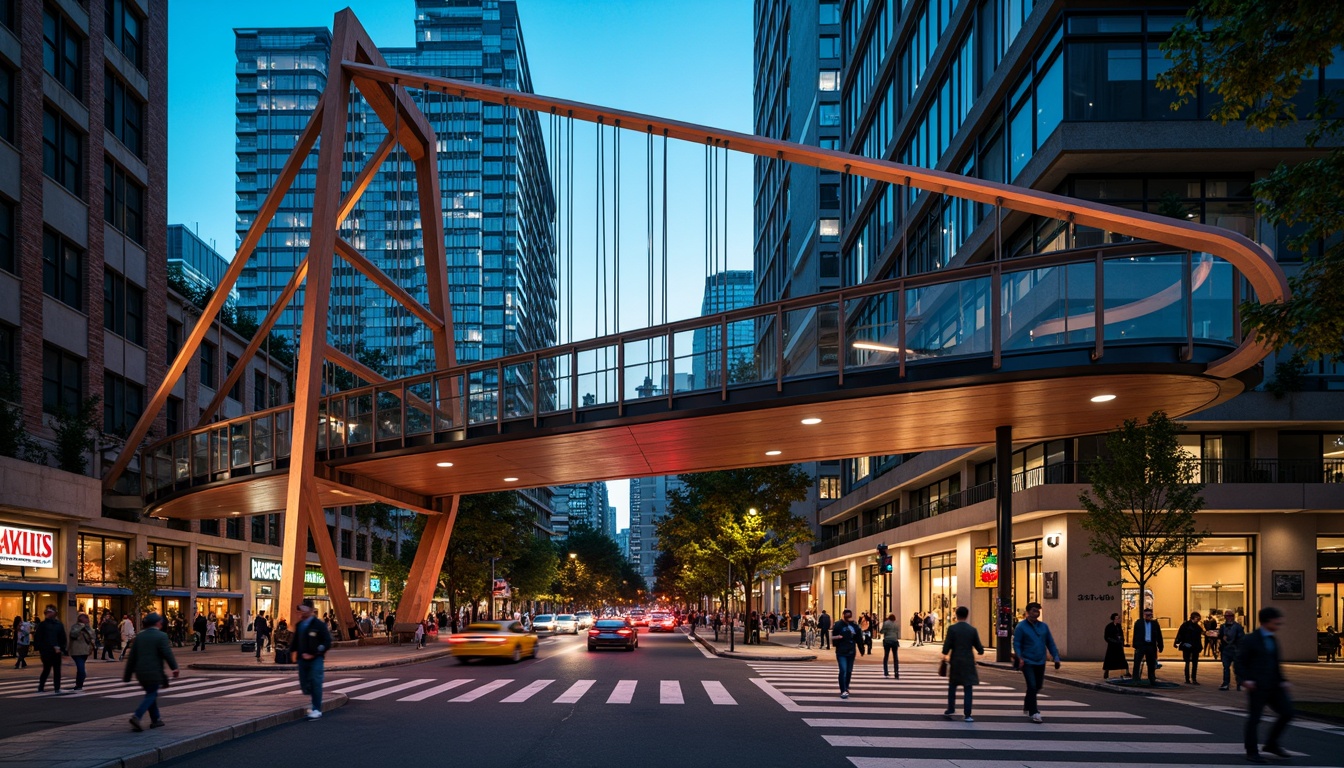 Prompt: Vibrant pedestrian bridge, bold steel structure, dynamic cable stays, sleek glass railings, warm wood accents, modern urban landscape, bustling city streets, busy intersections, pedestrian traffic flow, safety handrails, durable concrete piers, colorful LED lighting, soft warm glow, night time ambiance, 1/2 composition, low-angle shot, realistic reflections, ambient occlusion.