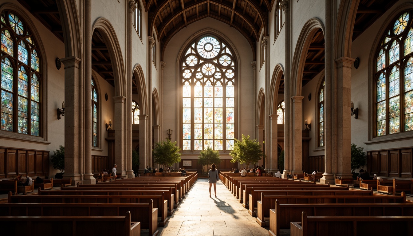 Prompt: \Serene cathedral interior, stunning stained glass windows, soft warm natural lighting, majestic vaulted ceilings, intricately carved stone walls, ornate wooden pews, peaceful atmosphere, subtle shadows, warm color palette, gentle sunlight filtering through clerestory windows, dramatic high contrast ratio, 1/2 composition, symmetrical framing, realistic textures, ambient occlusion.\